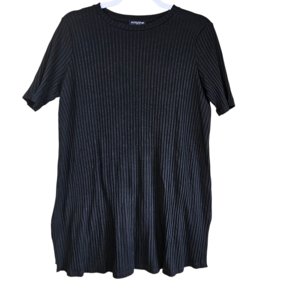 Eileen Fisher Black Stretch Ribbed Knit Short Sleeve Tunic